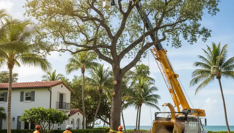 Professional arborists performing safe tree removal with cranes in Miami Beach FL residential property