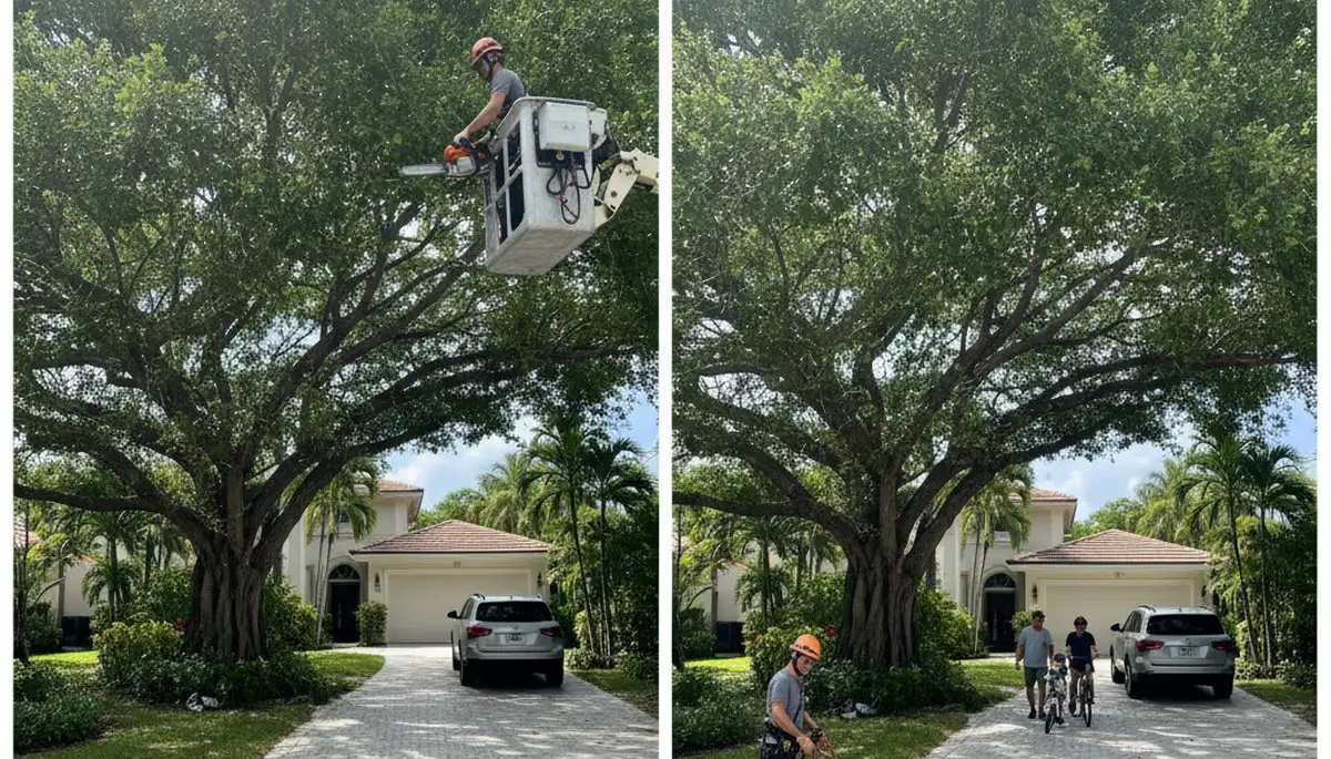 Arborist performing canopy lift tree trimming for driveway clearance in Miami Beach, FL