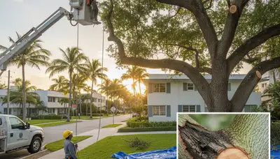 Arborist performing deadwood removal from residential tree in Miami Beach FL to prevent storm hazards