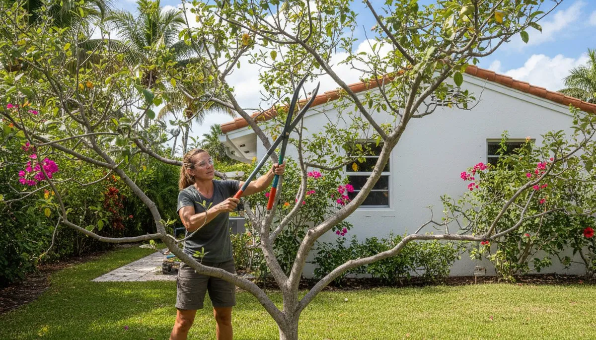 Arborist pruning fruit tree in Miami Beach FL backyard orchard for healthy growth and storm-ready care