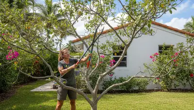 Arborist pruning fruit tree in Miami Beach FL backyard orchard for healthy growth and storm-ready care