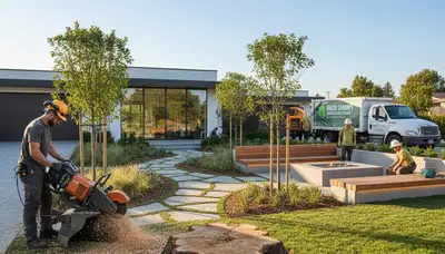 Landscape design team creating tropical yard in Miami Beach FL with salt-tolerant plants and palm trees
