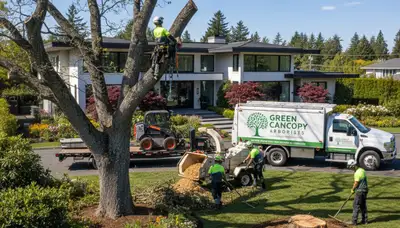 Professional landscaping team shaping coastal trees in Miami Beach FL for Chop Chop Tree services