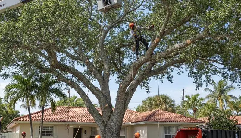 Professional arborists performing large tree removal with bucket truck in Hialeah, FL