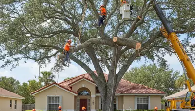 Arborists removing large tree with bucket truck in Miami Beach, FL for residential tree removal service