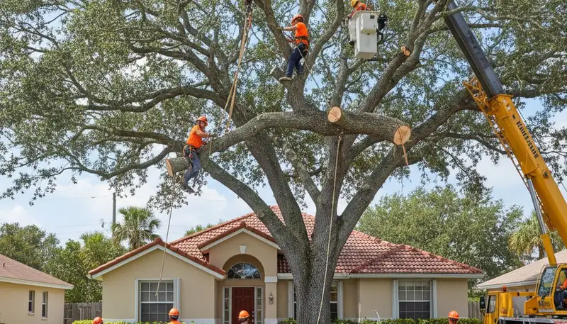 Arborists removing large tree with bucket truck in Miami Beach, FL for residential tree removal service