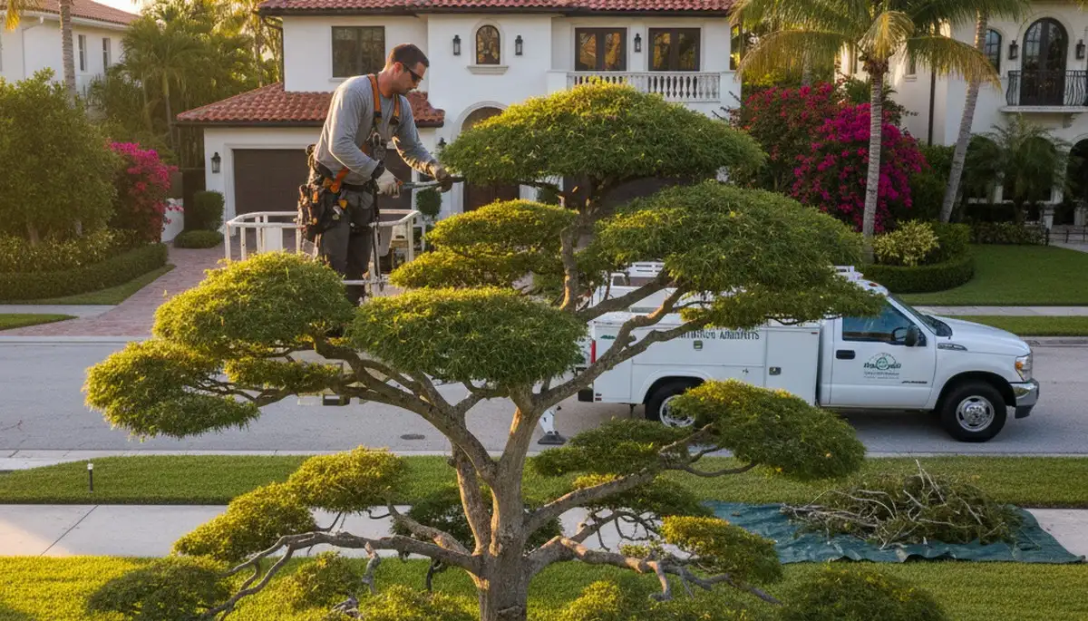 Arborist hand-pruning ornamental tree in Miami Beach FL landscape for expert tree care and curb appeal