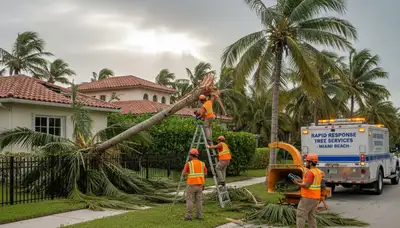 Emergency tree removal crew clearing storm-damaged trees in Miami Beach, FL after severe weather