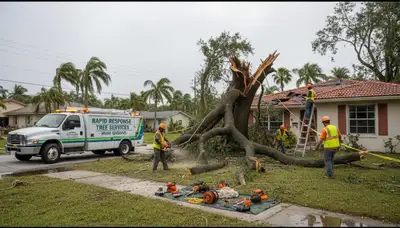 Emergency tree removal crew clearing storm-damaged yard in Miami Gardens FL after severe weather