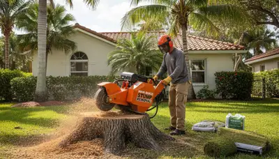 Professional stump grinding removing tree stumps in Miami Beach, FL for lawn restoration and pest prevention