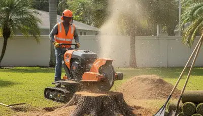 Professional stump grinding service removing tree stumps in Miami Beach, FL for smooth lawn restoration