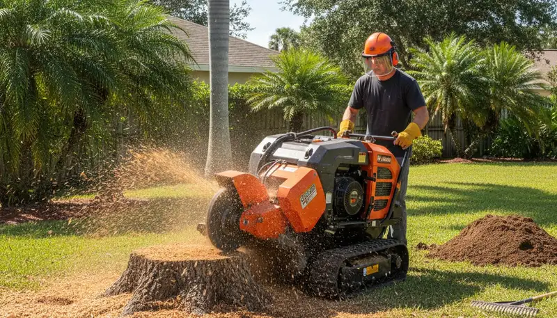 Professional stump grinding service removing tree stumps in Pembroke Pines, FL yard