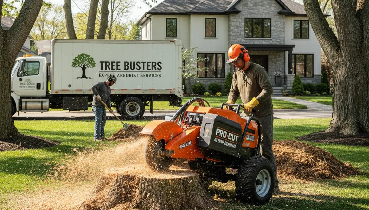 Arborist performing professional stump removal in sandy soil near home, Miami Beach FL