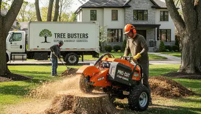 Arborist performing professional stump removal in sandy soil near home, Miami Beach FL