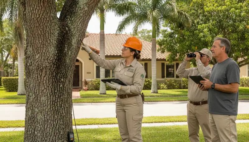 Certified arborist performing tree health assessment for homeowners in Hialeah, FL