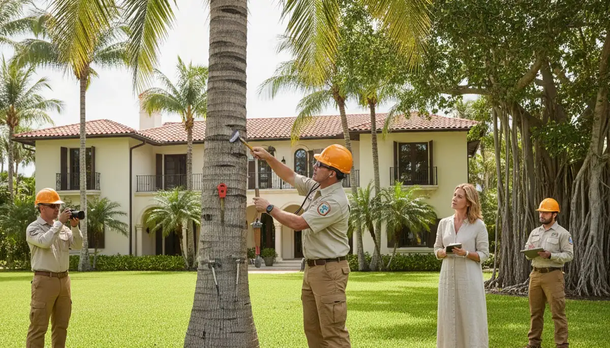 Certified arborist performing tree health assessment for homeowners in Miami Beach, FL