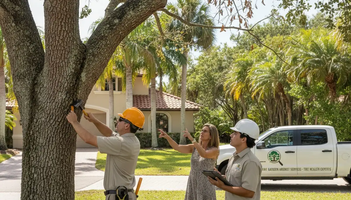 Certified arborist performing tree health assessment in Miami Gardens FL for safe residential tree care