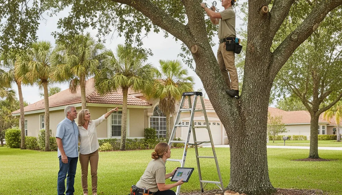 Certified arborist performing tree health assessment for homeowners in Miami Beach, FL
