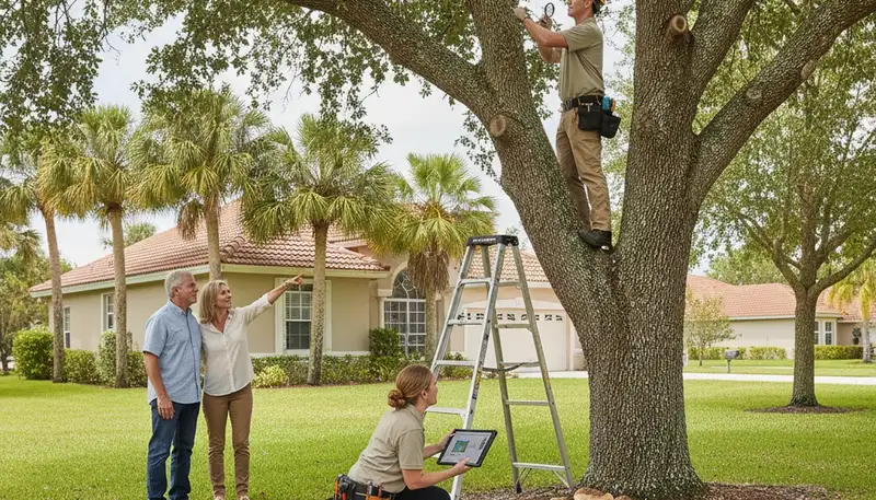 Certified arborist performing tree health assessment for homeowners in Miami Beach, FL