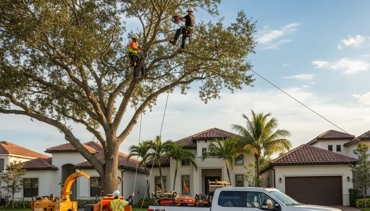 Professional tree removal service crew working safely in Miami Beach FL neighborhood
