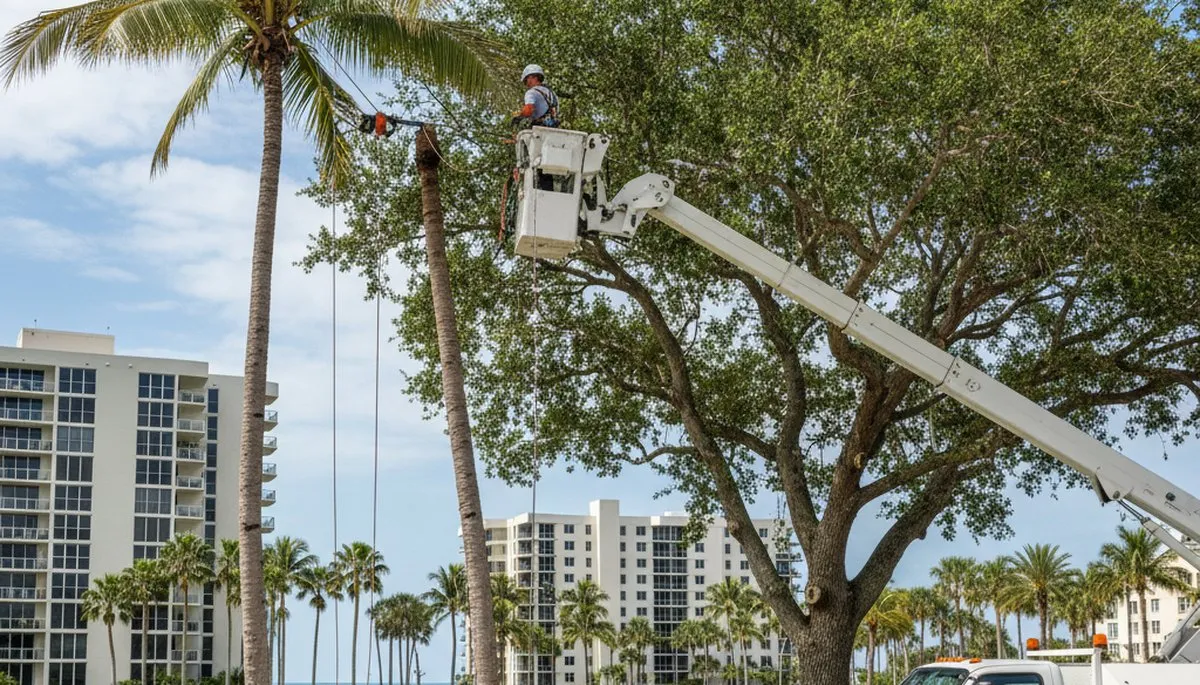 Professional tree removal service in Miami Beach FL safely cutting and clearing palm trees