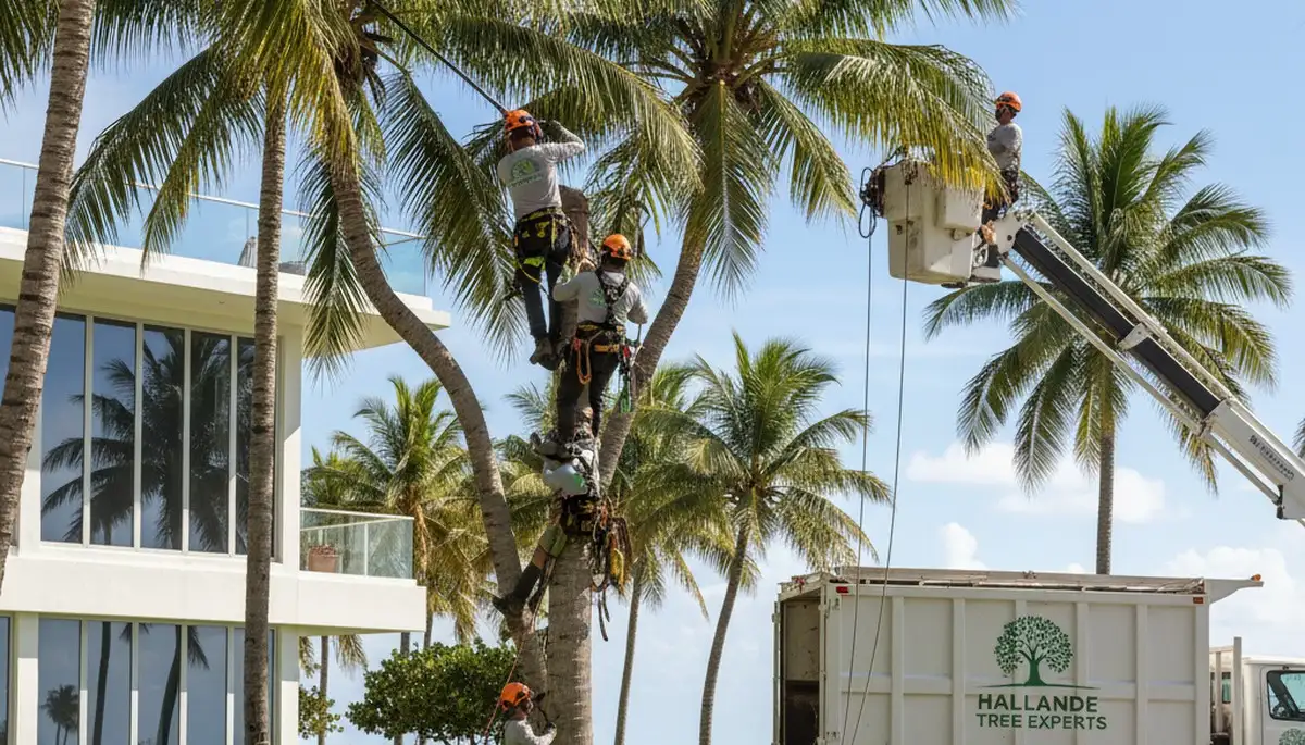 Professional tree removal service in Miami Beach FL safely cutting damaged palm trees