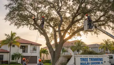 Professional tree removal service crew in Miami Beach FL safely cutting and clearing a large palm tree