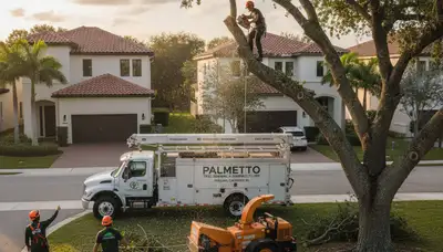 Professional tree removal service in Miami Beach FL safely cutting palm tree branches
