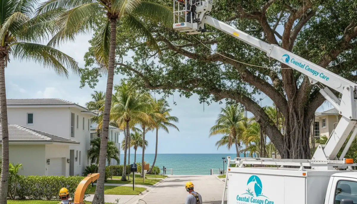 Professional tree removal service in Miami Beach FL safely cutting and clearing palm trees