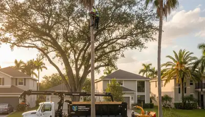 Tree removal crew cutting palm trees in residential yard, Miami Beach FL tree service professionals